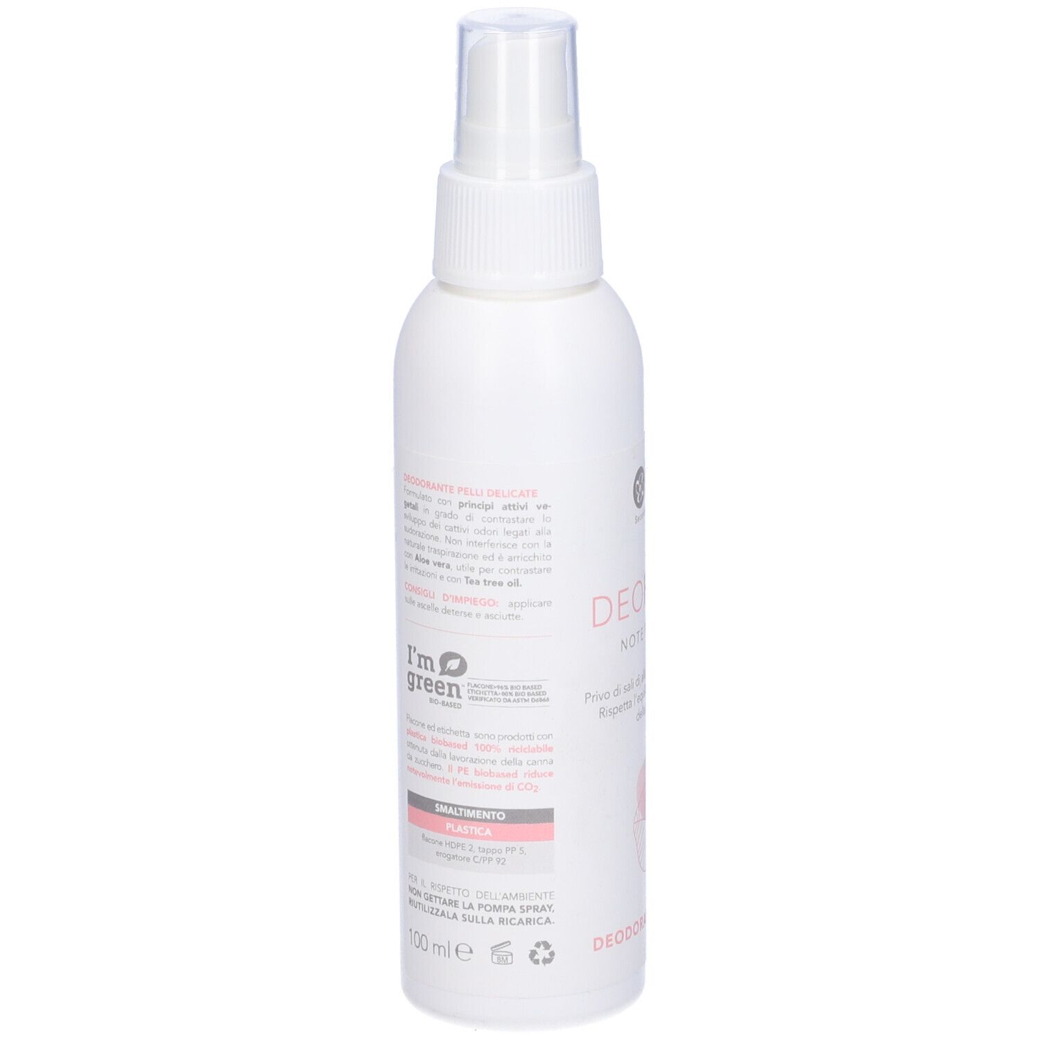 Flacone spray bianco con erogatore trasparente. Testo: DEOFIORI, EOS, Deodorante Spray, i'm green.