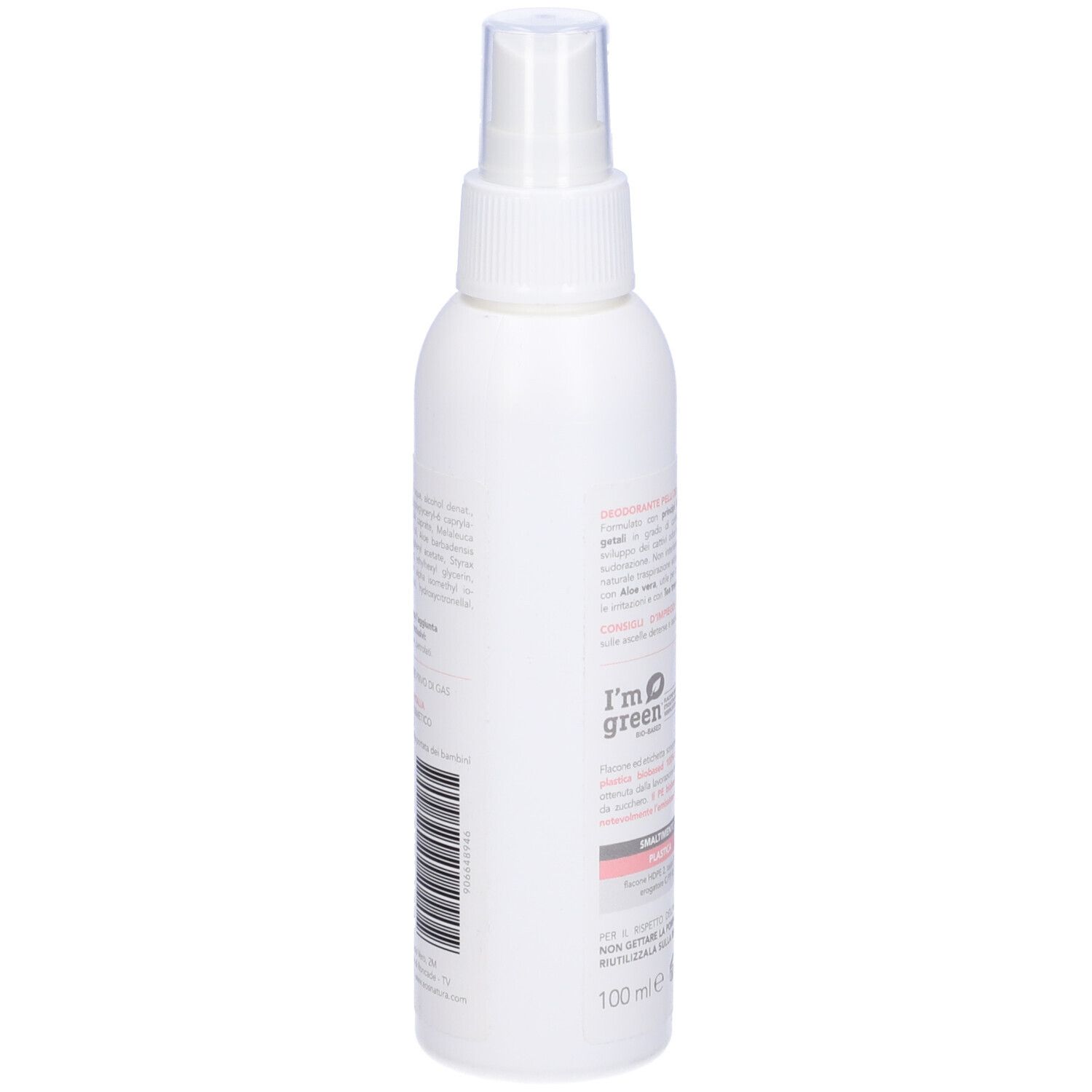 Flacone spray bianco con erogatore trasparente. Testo: DEOFIORI, EOS, Deodorante Spray, i'm green.