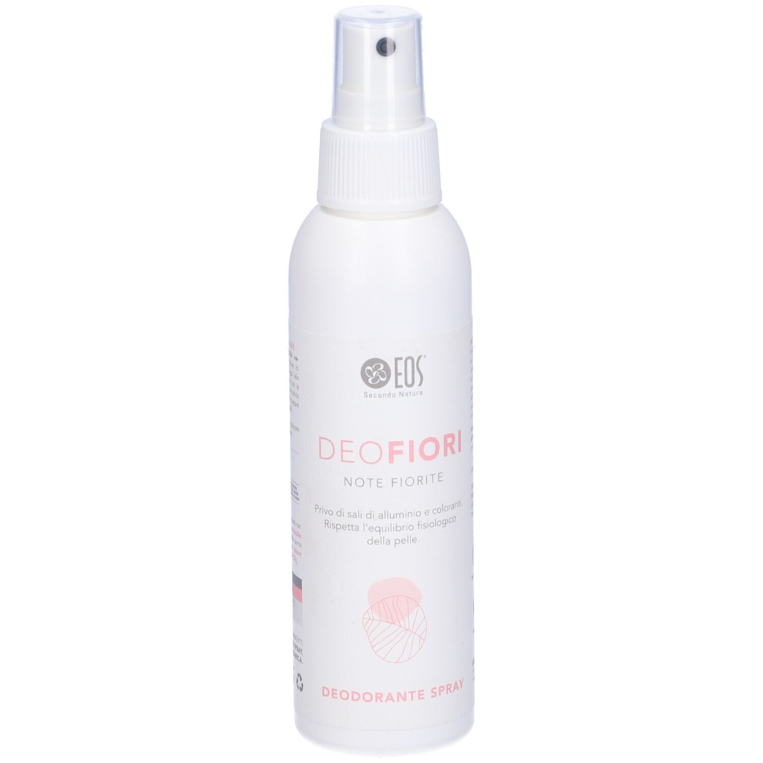 Flacone spray bianco con erogatore trasparente. Testo: DEOFIORI, EOS, Deodorante Spray.