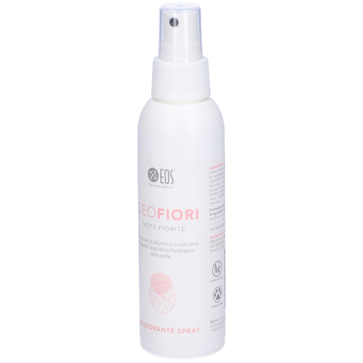 Flacone spray bianco con erogatore trasparente. Testo: DEOFIORI, EOS, Deodorante Spray.