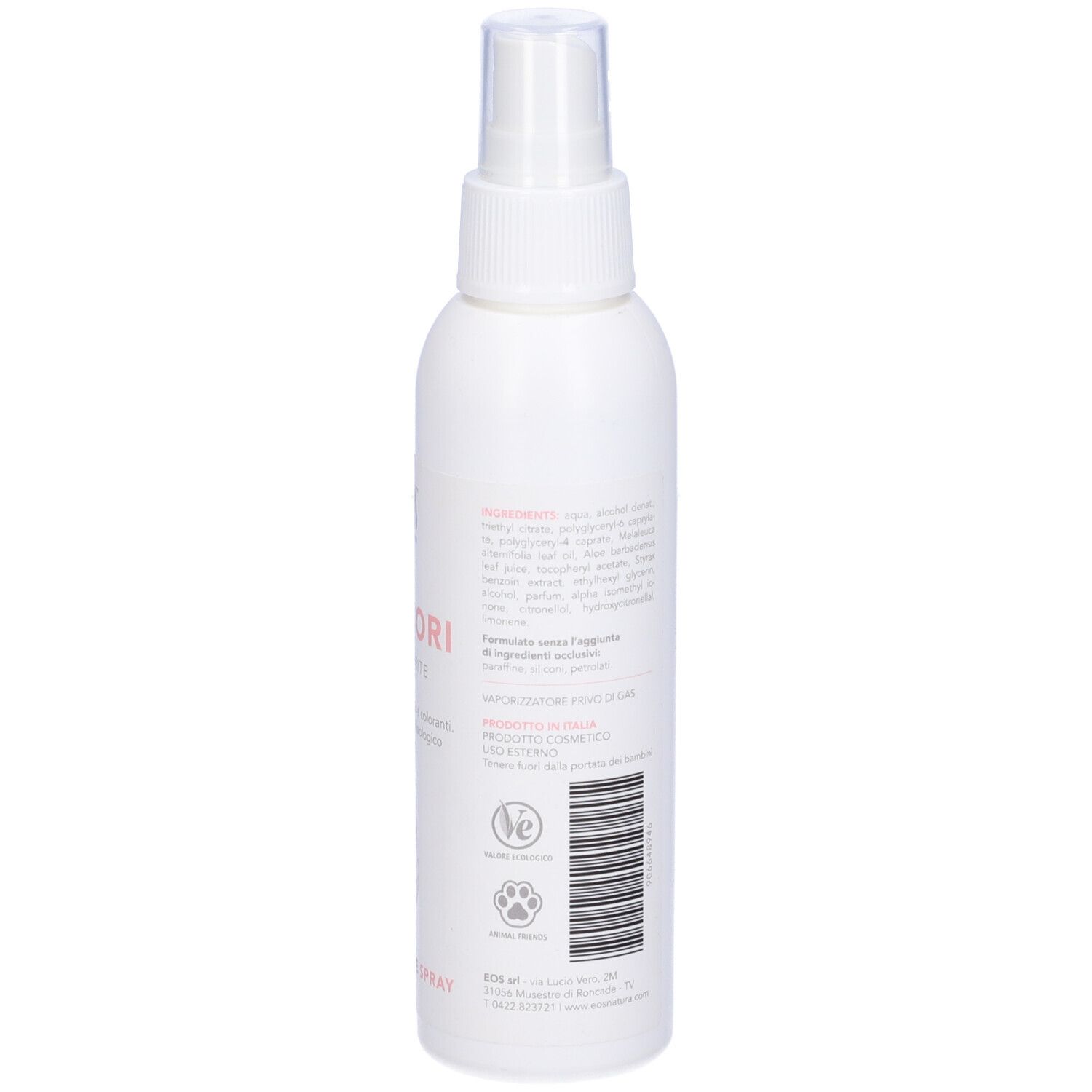 Flacone spray bianco con erogatore trasparente. Testo: DEOFIORI, EOS, Deodorante Spray, VE, impronta zampa.