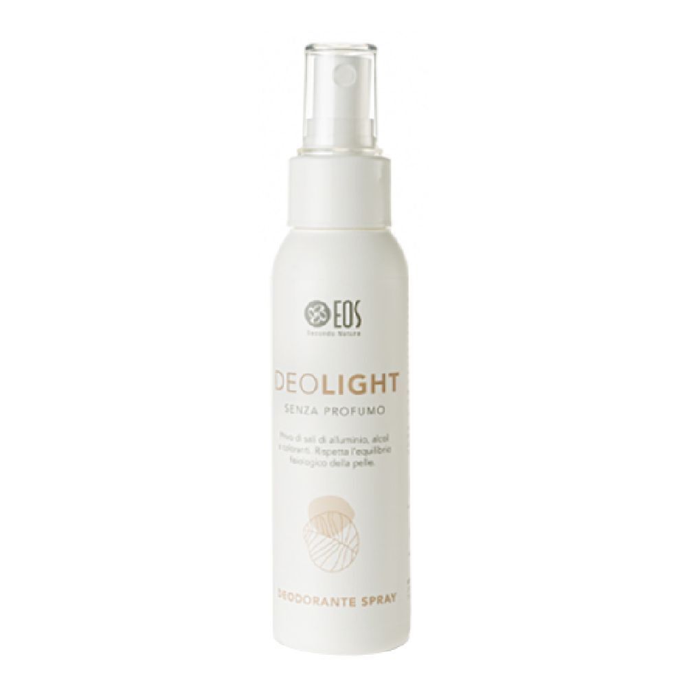 Spray deodorante bianco con erogatore. Scritta: DEOLIGHT SENZA PROFUMO. Marchio: EOS.