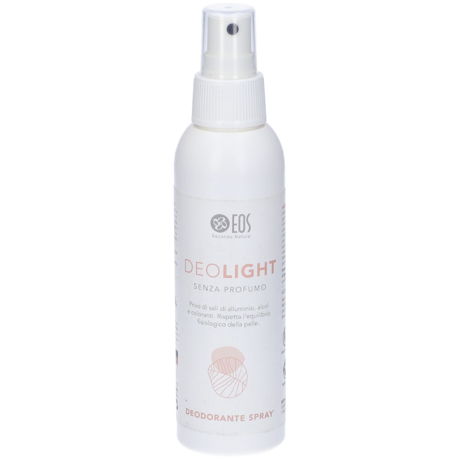 Spray deodorante bianco con erogatore. Scritta: DEOLIGHT SENZA PROFUMO. Marchio: EOS.
