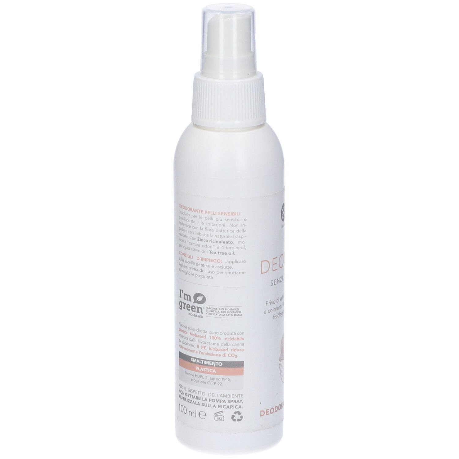 Spray deodorante bianco. Retro con testo e logo 'I'm green'.