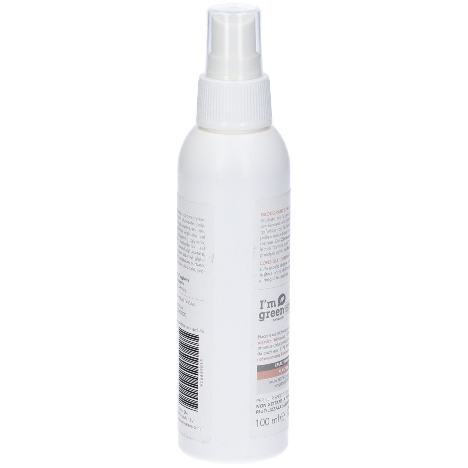 Spray deodorante bianco. Retro con testo e logo 'I'm green'.