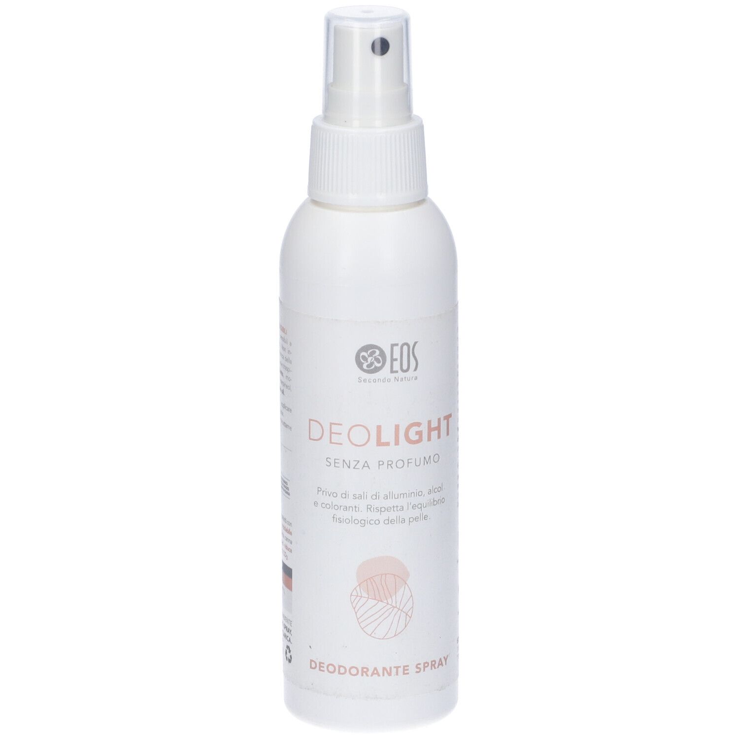 Spray deodorante bianco con erogatore. Scritta: DEOLIGHT SENZA PROFUMO. Marchio: EOS.