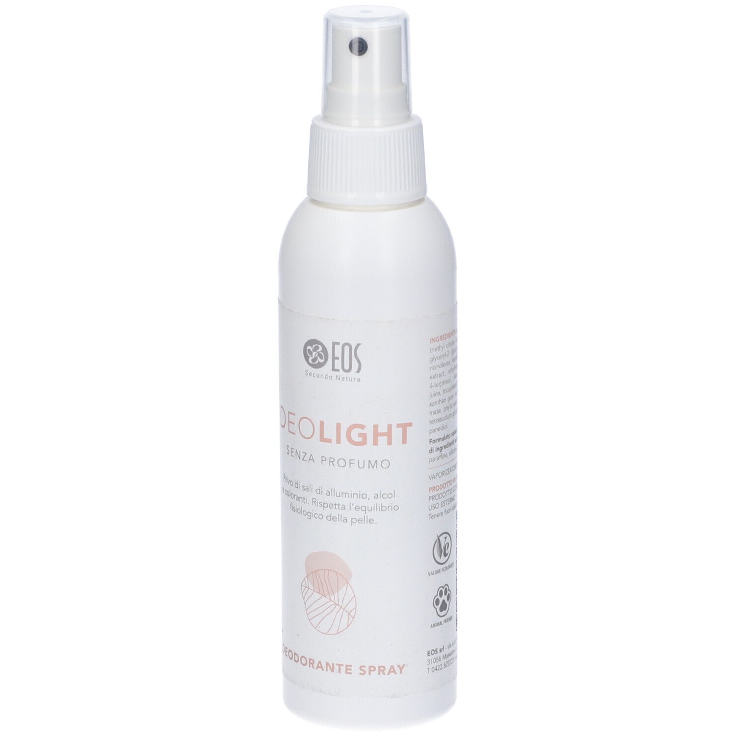 Spray deodorante bianco con erogatore. Scritta: DEOLIGHT SENZA PROFUMO. Marchio: EOS.
