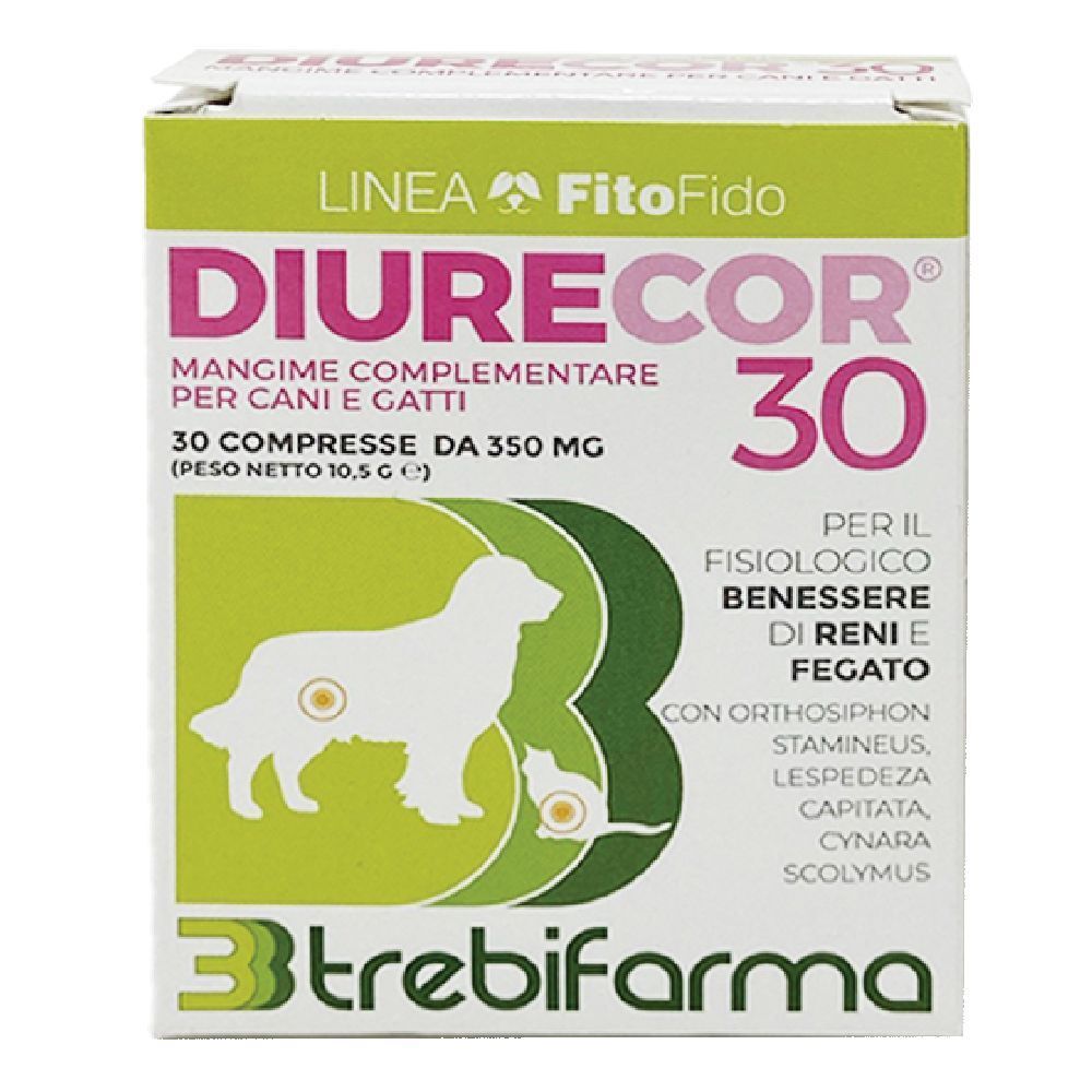 Scatola di Diurecor 30 compresse. Design verde e bianco con cane e gatto. Testo: 'Mangime complementare per cani e gatti'.