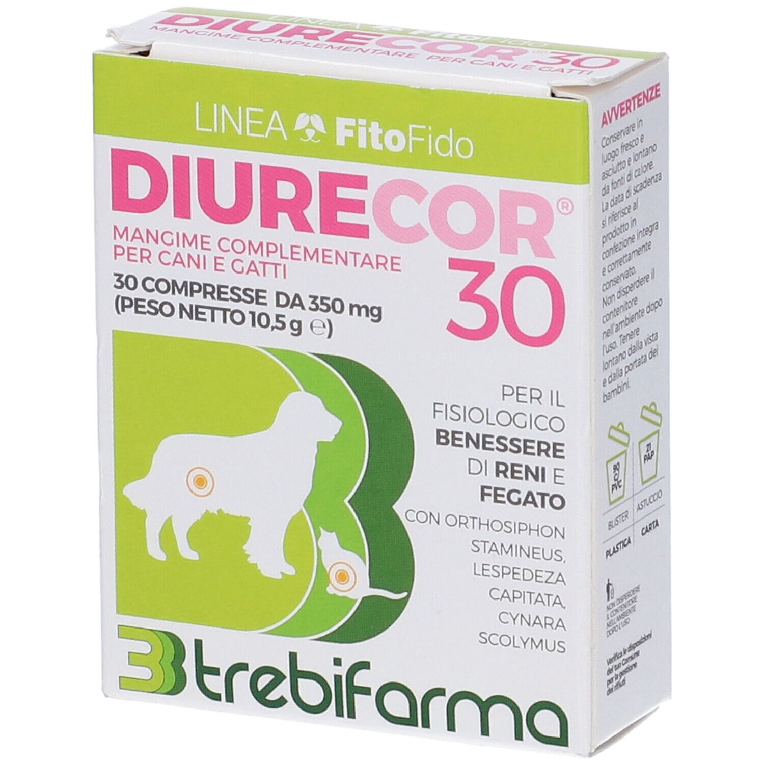 Scatola di Diurecor 30 compresse. Design rosa e bianco con cane e gatto. Testo: 'Mangime complementare per cani e gatti'.