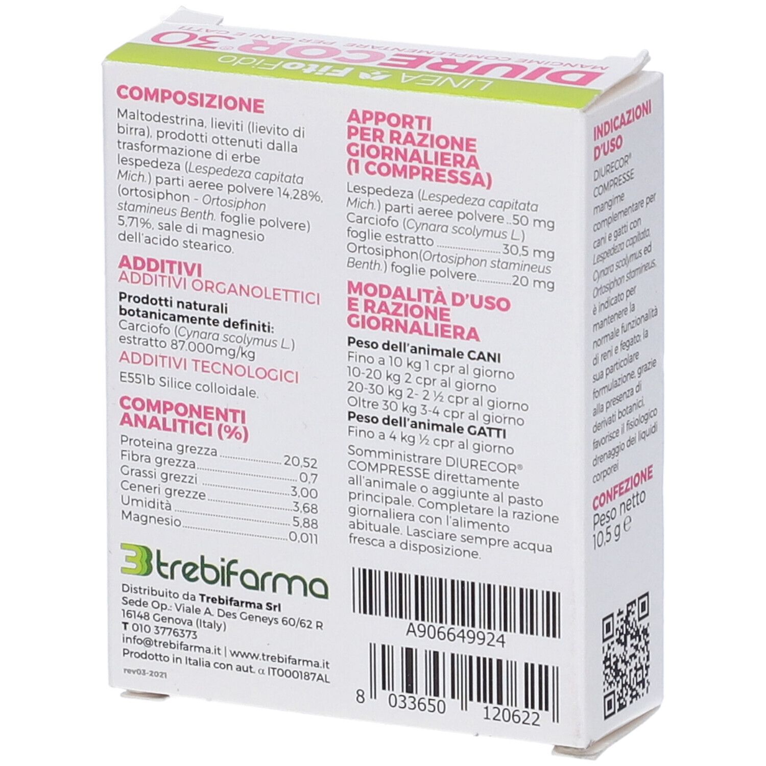 Retro della scatola Diurecor 30. Contiene informazioni su ingredienti, dosaggio e componenti analitici.
