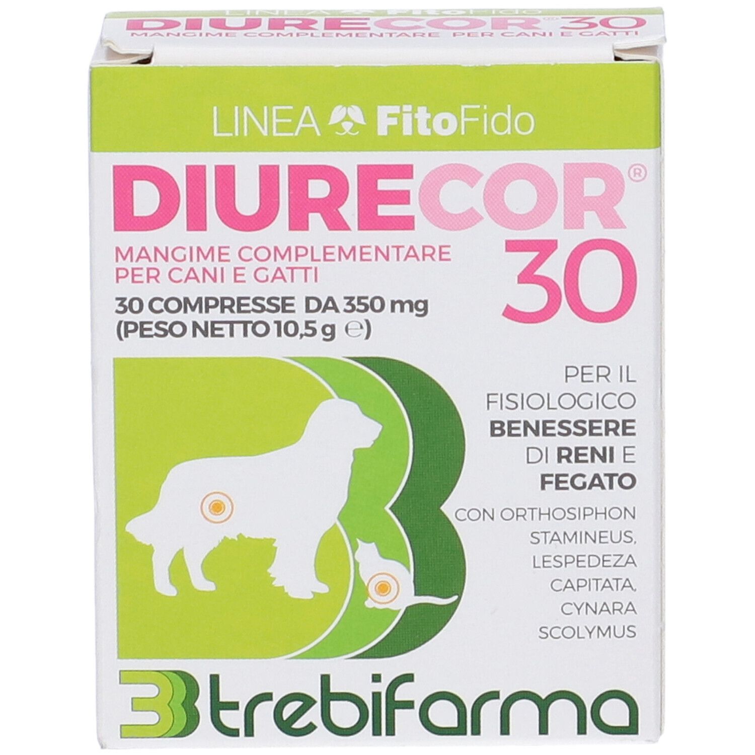Scatola di Diurecor 30 compresse. Design verde e bianco con cane e gatto. Testo: 'Mangime complementare per cani e gatti'.