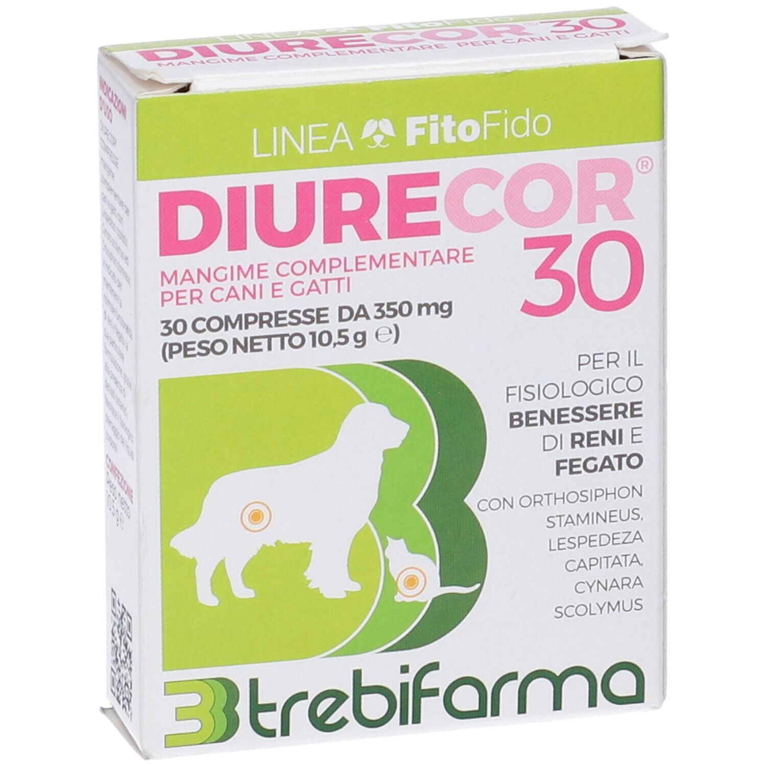 Scatola di Diurecor 30 compresse. Design rosa e bianco con cane e gatto. Testo: 'Mangime complementare per cani e gatti'.