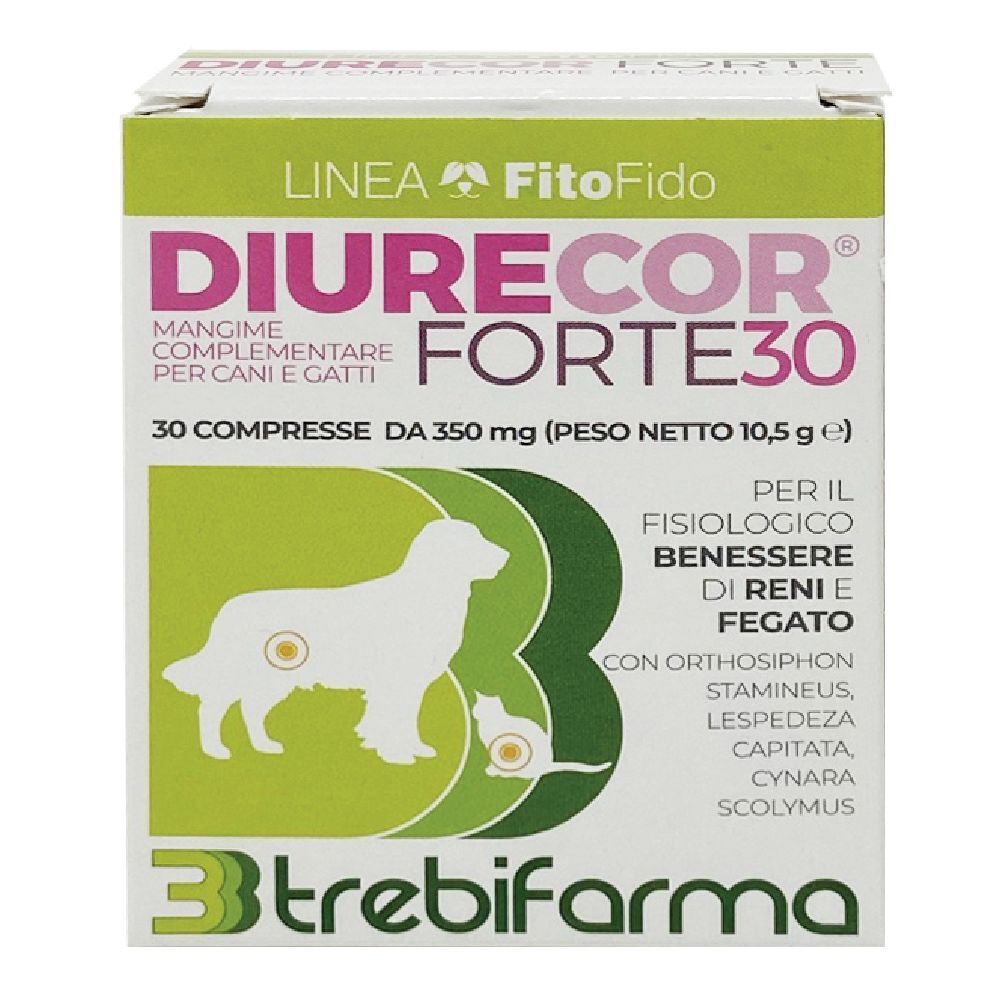 Confezione di Diurecor Forte 30, nome del prodotto e logo. Contiene 30 compresse. Design verde e bianco con cane e gatto.