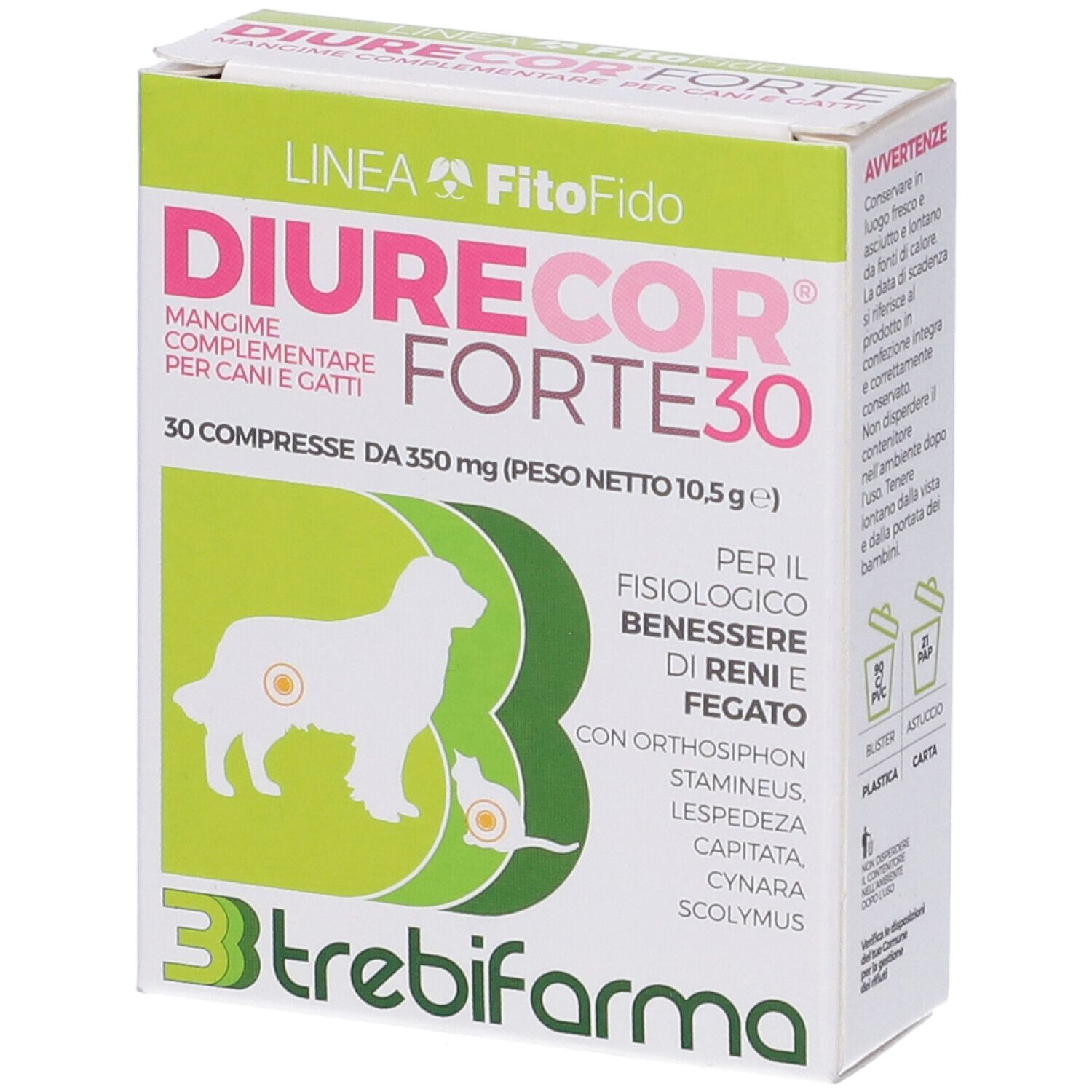 Confezione di Diurecor Forte 30, angolata. Nome del prodotto, logo, 30 compresse. Design verde e bianco con cane e gatto.