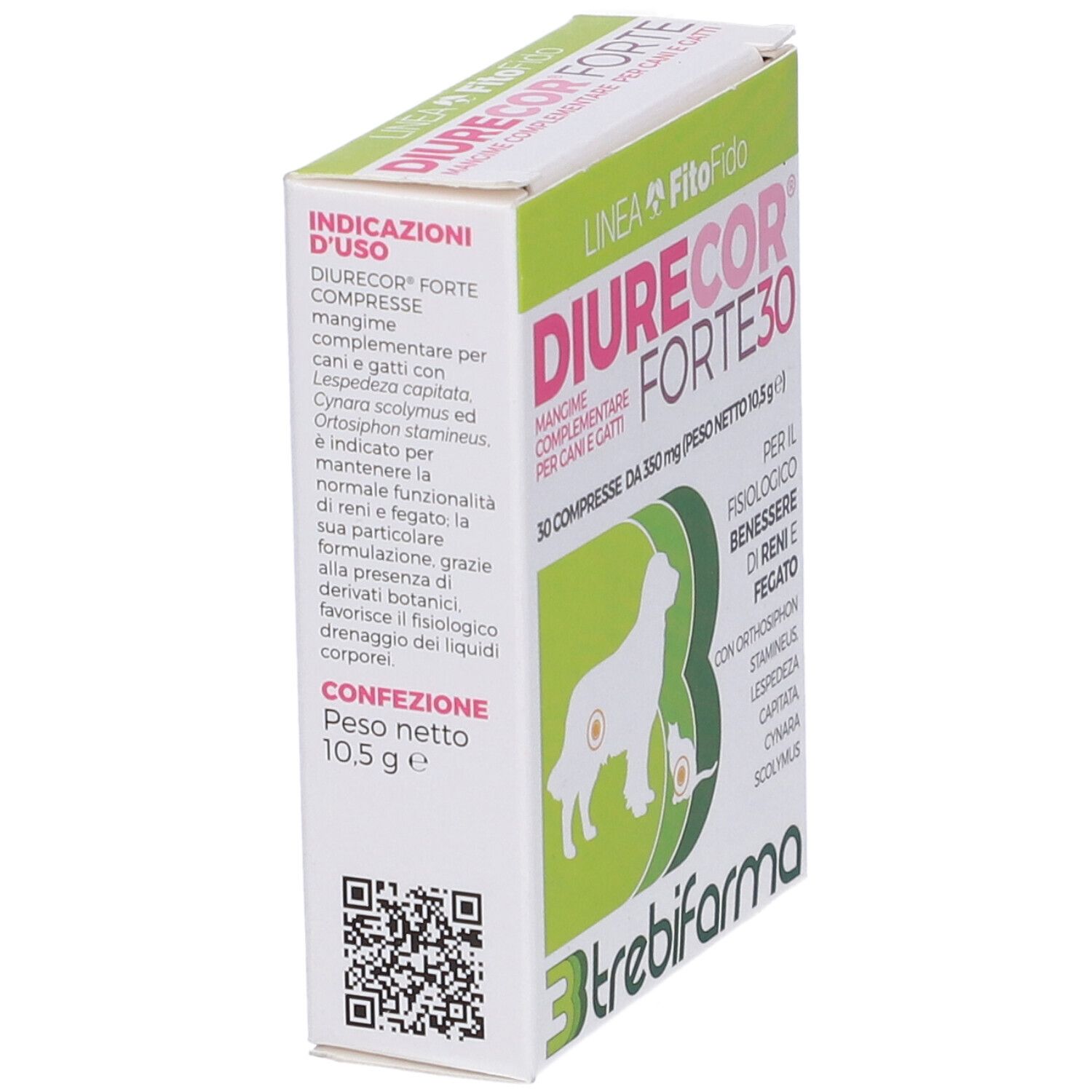 Confezione di Diurecor Forte 30, angolata. Nome del prodotto, logo, 30 compresse. Design verde e bianco con cane e gatto.