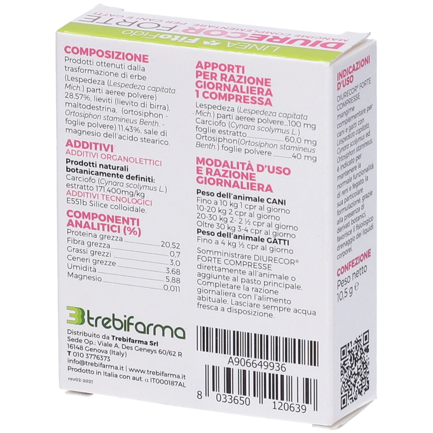 Retro della confezione Diurecor Forte 30. Contiene informazioni su ingredienti, dosaggio e produttore.