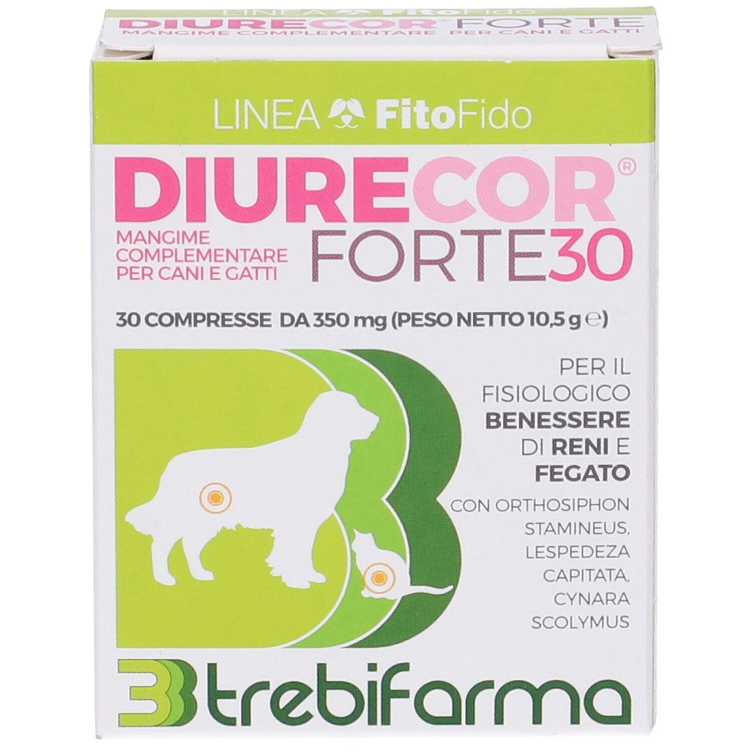 Confezione di Diurecor Forte 30, nome del prodotto e logo. Contiene 30 compresse. Design verde e bianco con cane e gatto.