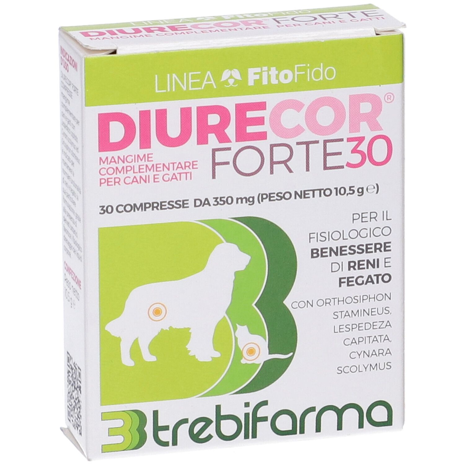 Confezione di Diurecor Forte 30, nome del prodotto e logo. Contiene 30 compresse. Design verde e bianco con cane e gatto.