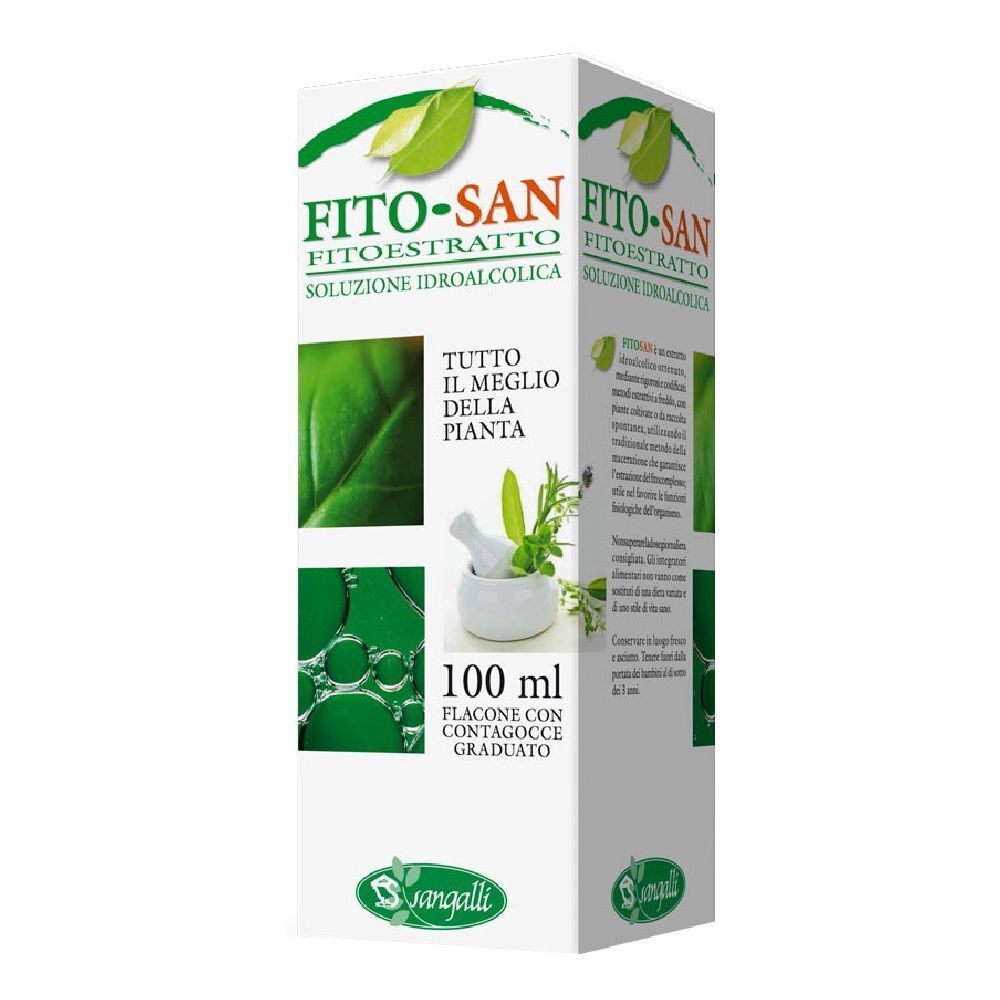 Confezione con informazioni sul prodotto. Scritta: Fito-San, soluzione, 100 ml, flacone contagocce. Immagine di foglie ed erbe.