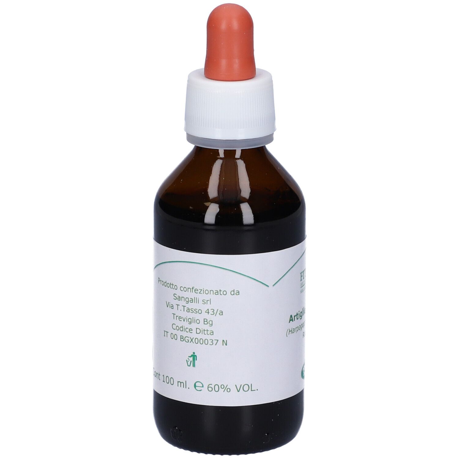 Flacone di vetro marrone con etichetta bianca e pipetta rossa. Scritta: informazioni sul prodotto, 100 ml, 60% VOL.