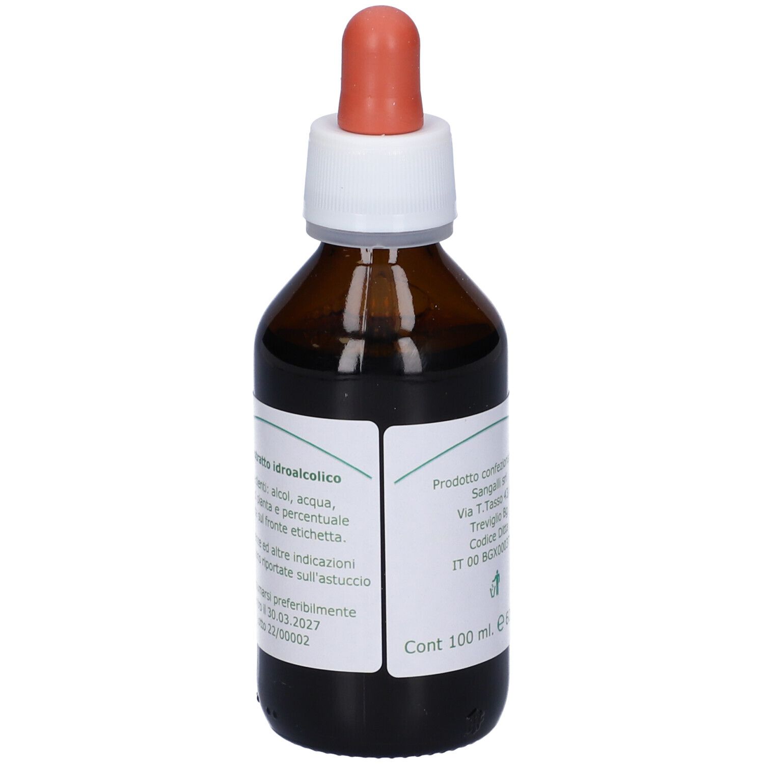 Flacone di vetro marrone con etichetta bianca e pipetta rossa. Scritta: informazioni sul prodotto, 100 ml, 60% VOL.