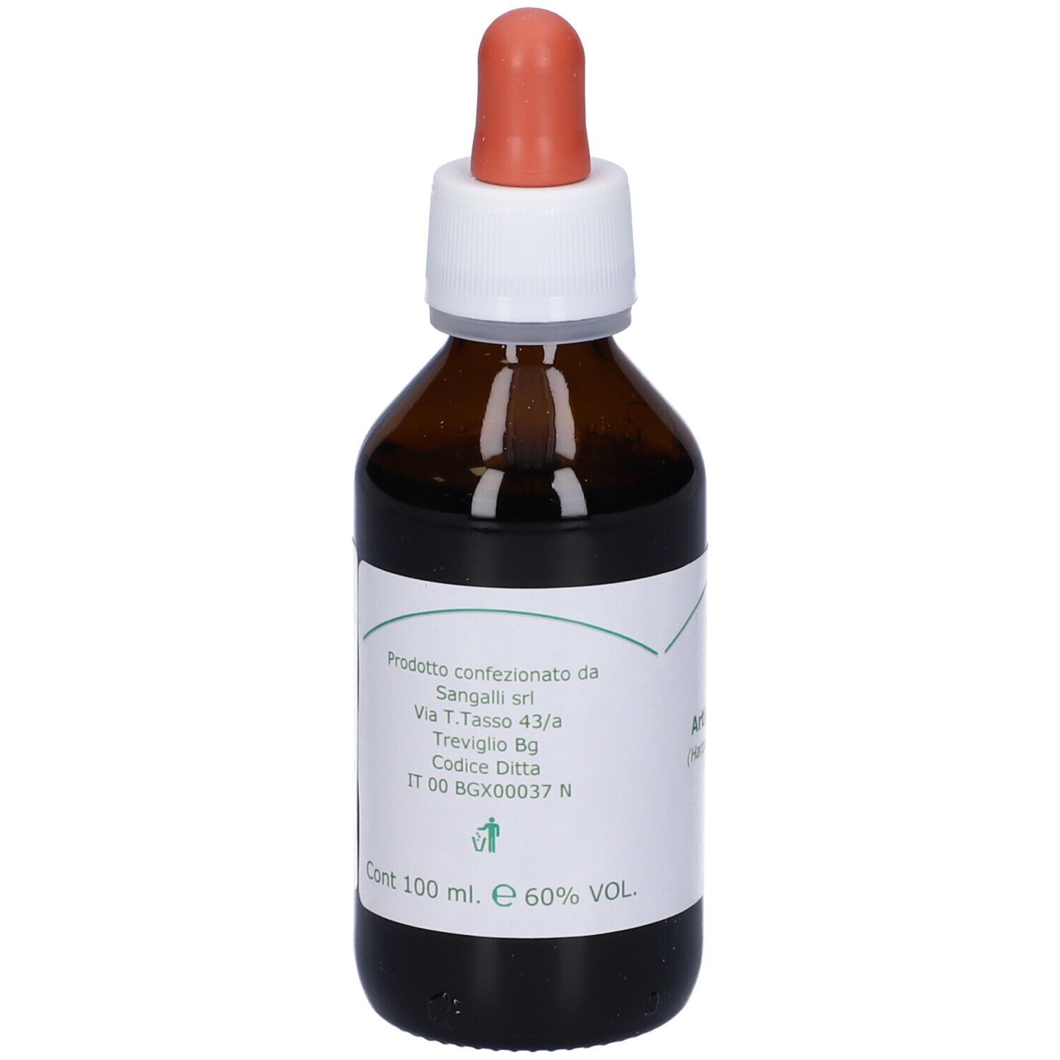Flacone di vetro marrone con etichetta bianca e pipetta rossa. Scritta: informazioni sul prodotto, 100 ml, 60% VOL.