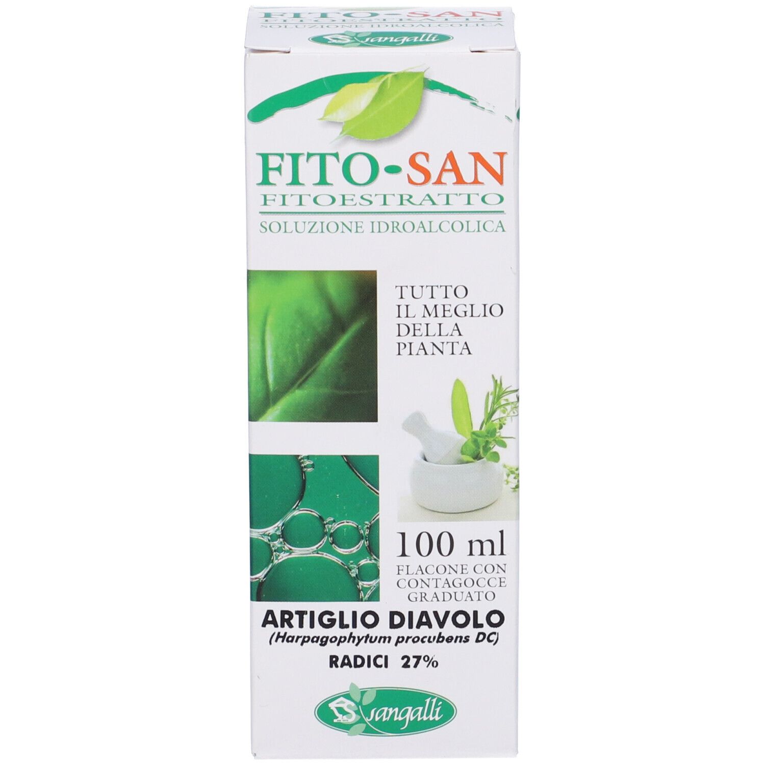 Confezione con informazioni sul prodotto. Scritta: Fito-San, Artiglio del diavolo, Radici 27%.