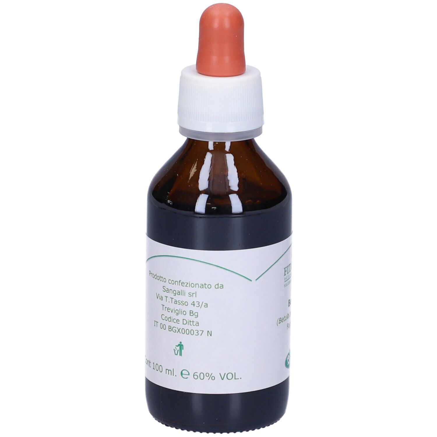 Flacone di vetro marrone con contagocce. Etichetta con testo e logo. Nome prodotto: Betulla. Foglie 18%.