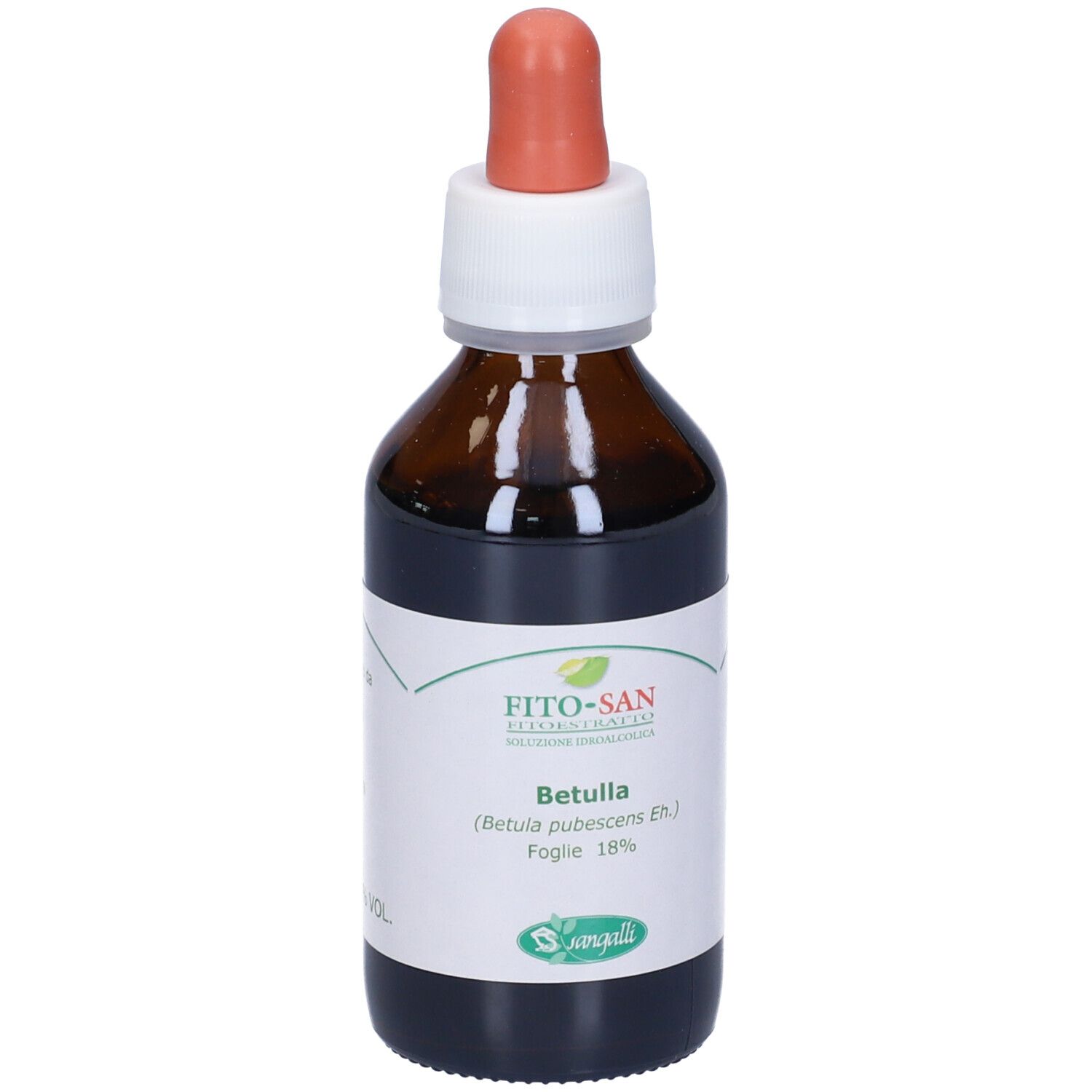 Flacone di vetro marrone con contagocce. Etichetta con testo e logo. Nome prodotto: Betulla. Foglie 18%.
