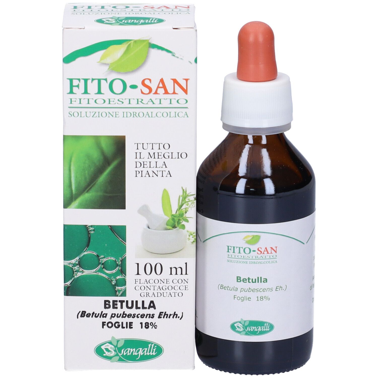 Flacone di vetro marrone con contagocce accanto a scatola bianca. Scritta: Fito-San, soluzione. Nome prodotto: Betulla. Foglie 18%.