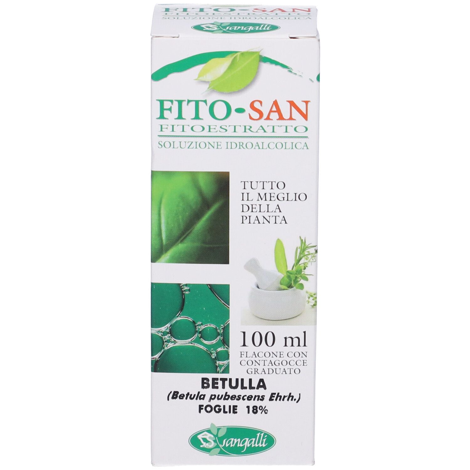 Scatola bianca con foglie verdi e testo. Scritta: Fito-San, soluzione, 100 ml. Nome prodotto: Betulla. Foglie 18%.