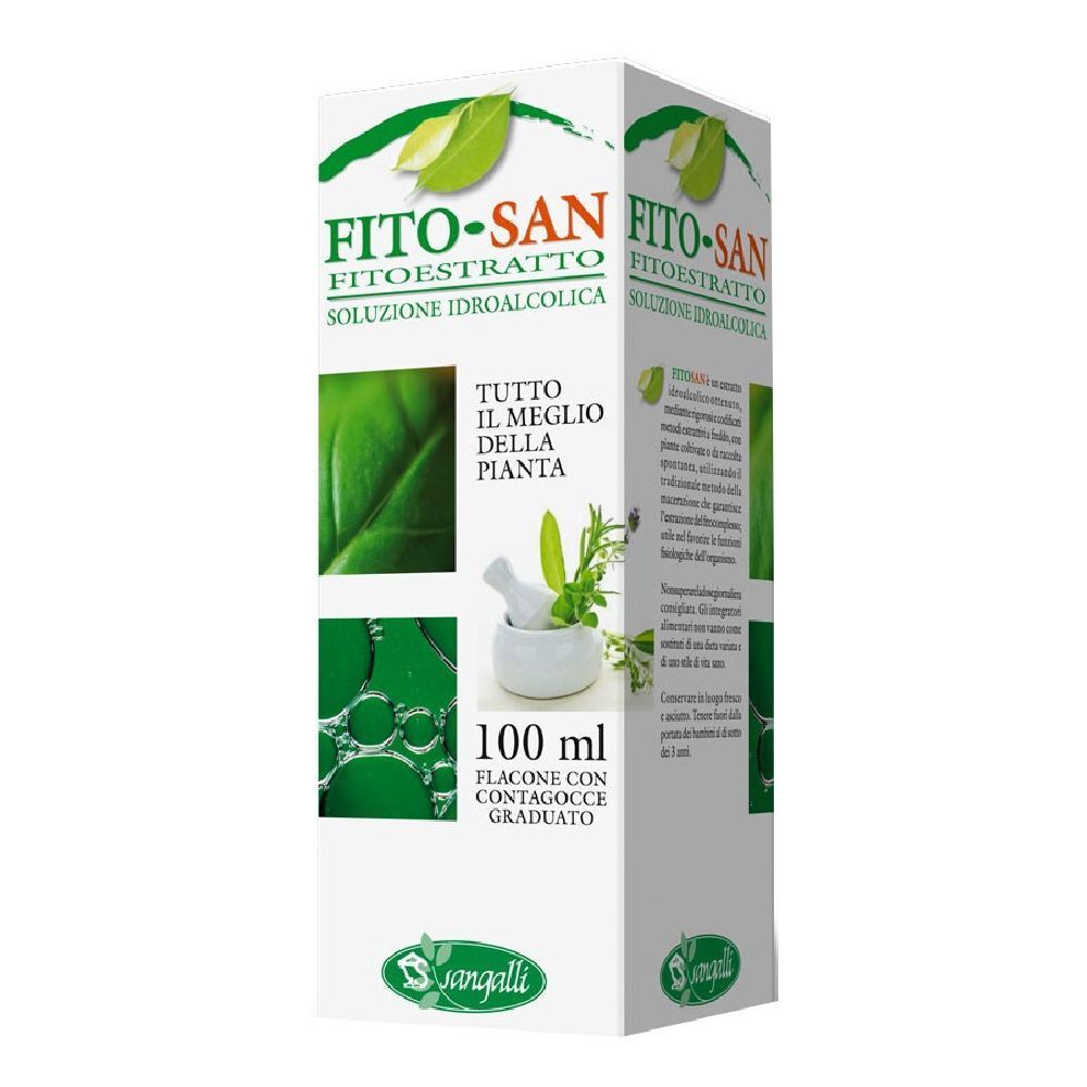 Confezione FITO-SAN. Scritte: Soluzione Idroalcolica, 100 ml, Flacone con contagocce graduato. Logo Sangalli. Immagini vegetali.