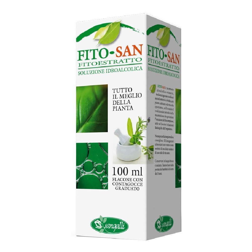 Scatola bianca FITO-SAN. Scritta FITOESTRATTO, SOLUZIONE IDROALCOLICA. Immagine di foglie ed erbe. Flacone con contagocce.