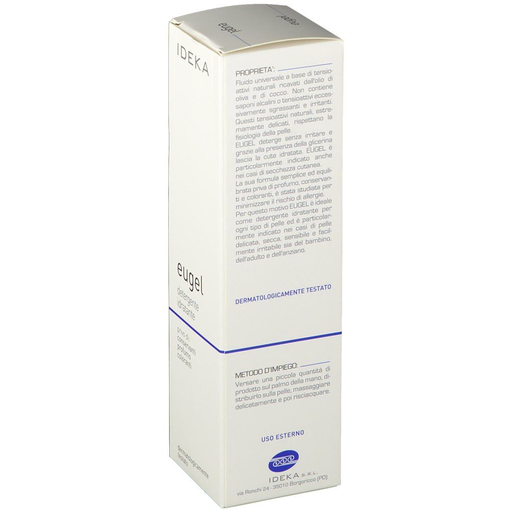 Weißer Karton mit Produktinformationen. Aufschrift EUGEL, IDEKA und dermatologisch getestet.