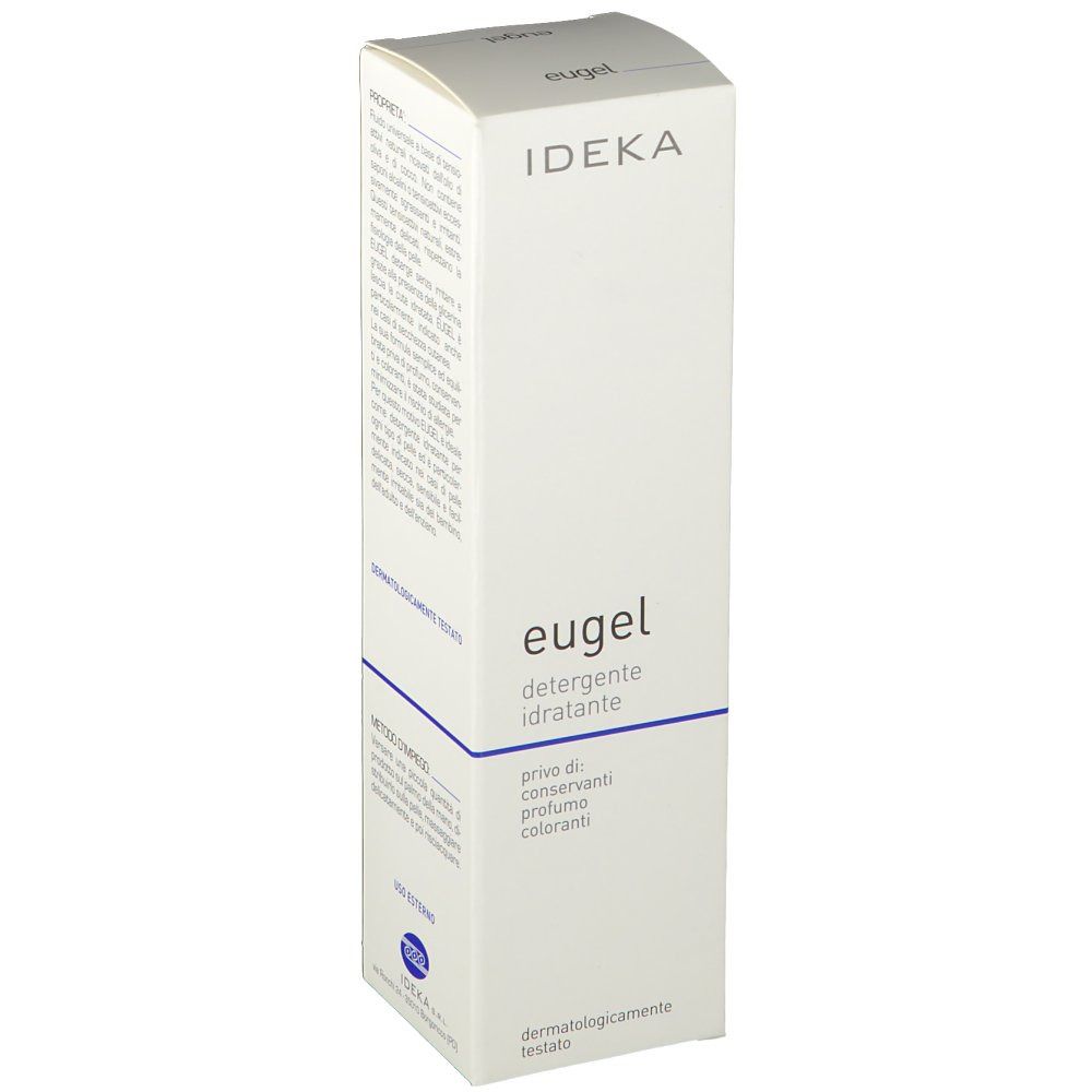 Weißer Karton mit Produktinformationen. Aufschrift EUGEL, IDEKA und dermatologisch getestet.