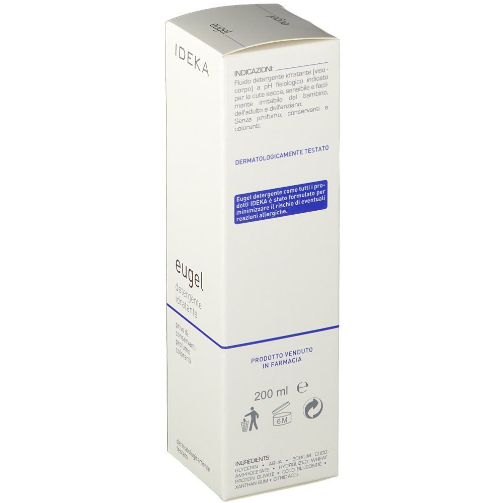 Weißer Karton mit Produktinformationen. Aufschrift EUGEL, IDEKA und dermatologisch getestet.