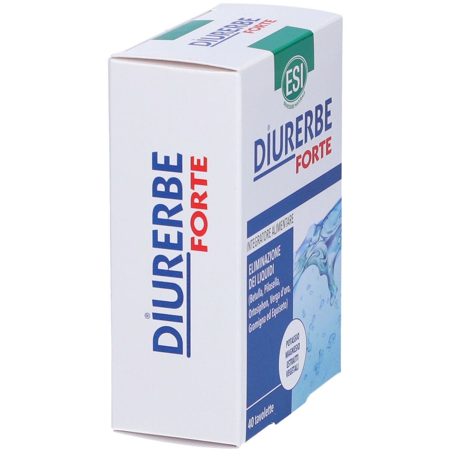 Scatola bianca con scritta "DIURERBE FORTE". Marchio ESI. Vista laterale.