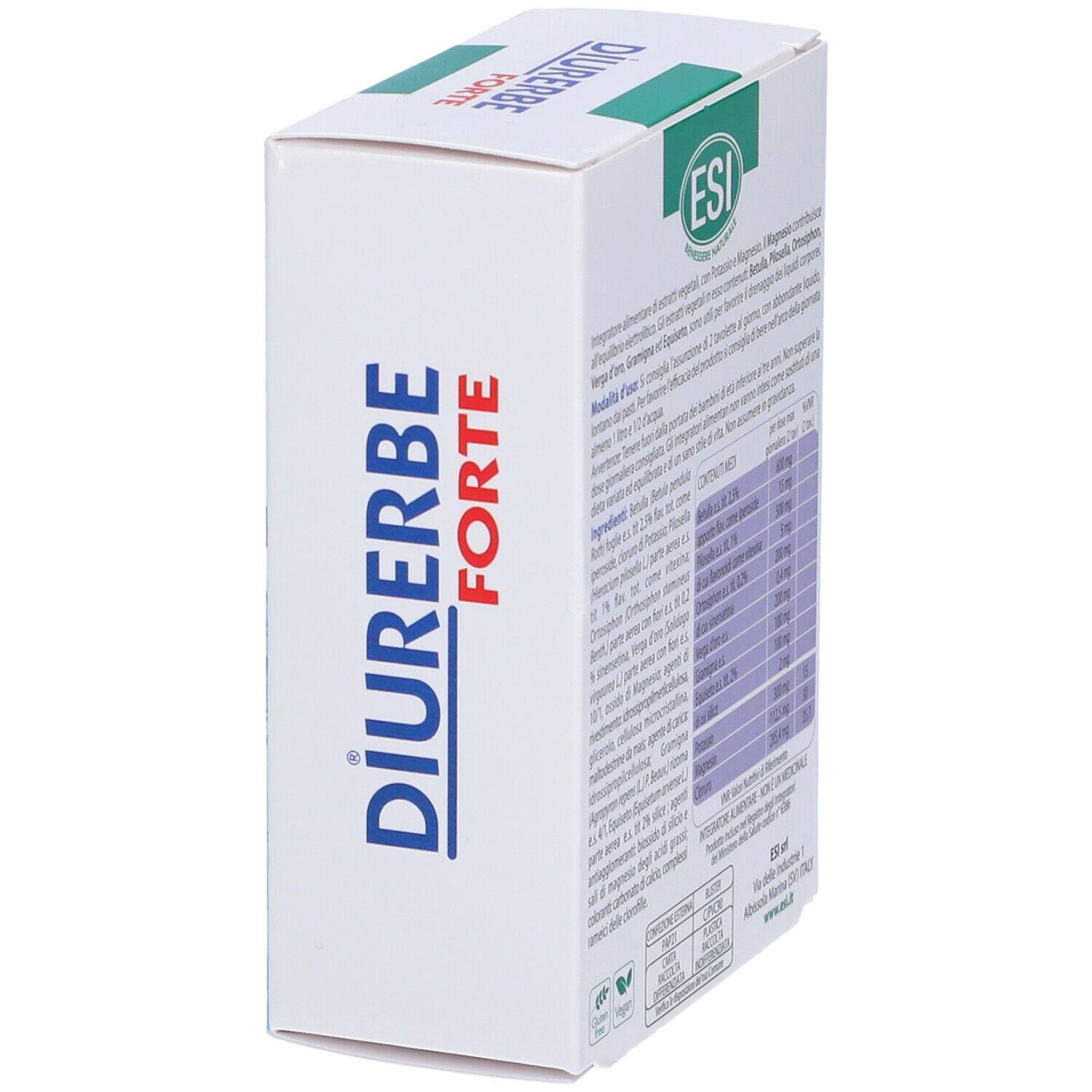 Scatola bianca con scritta "DIURERBE FORTE". Marchio ESI. Vista laterale.