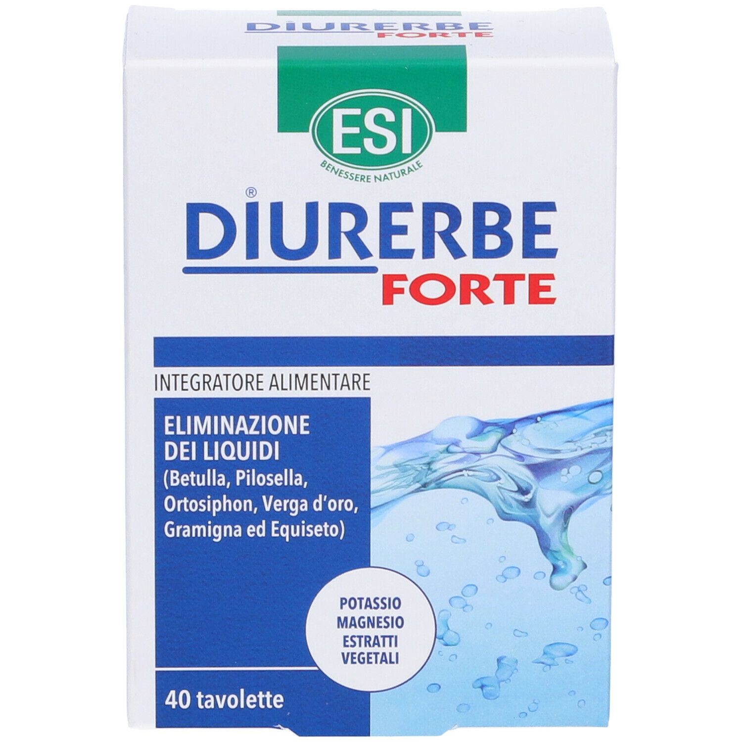 Scatola bianca con scritta "DIURERBE FORTE". Contiene 40 compresse. Marchio ESI.