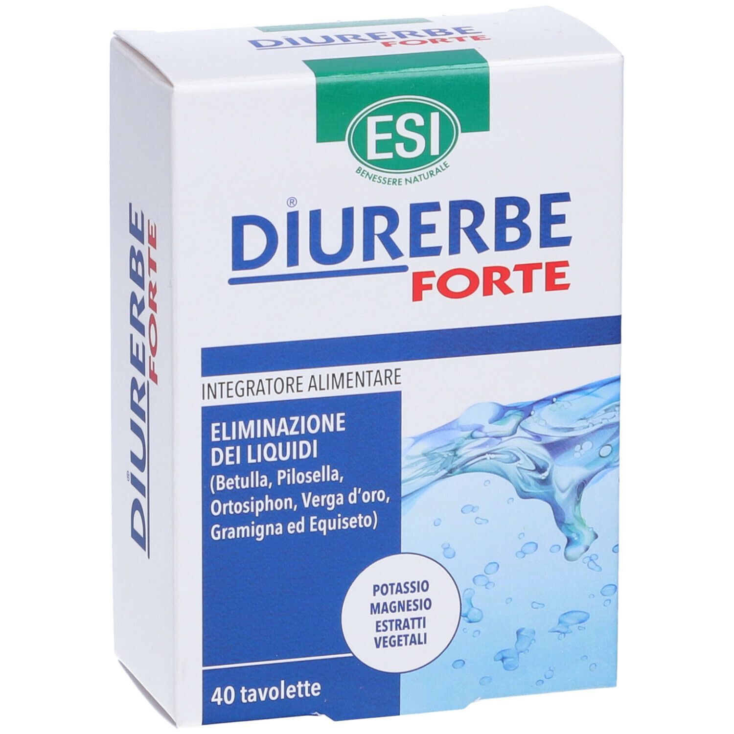 Scatola bianca con scritta "DIURERBE FORTE". Contiene 40 compresse. Marchio ESI.
