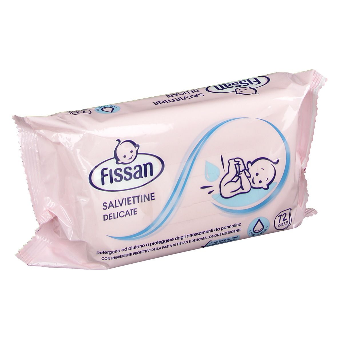 Confezione rosa con logo Fissan e scritta 'Salviettine Delicate'. Contiene 72 salviette. Illustrazione di un bambino.