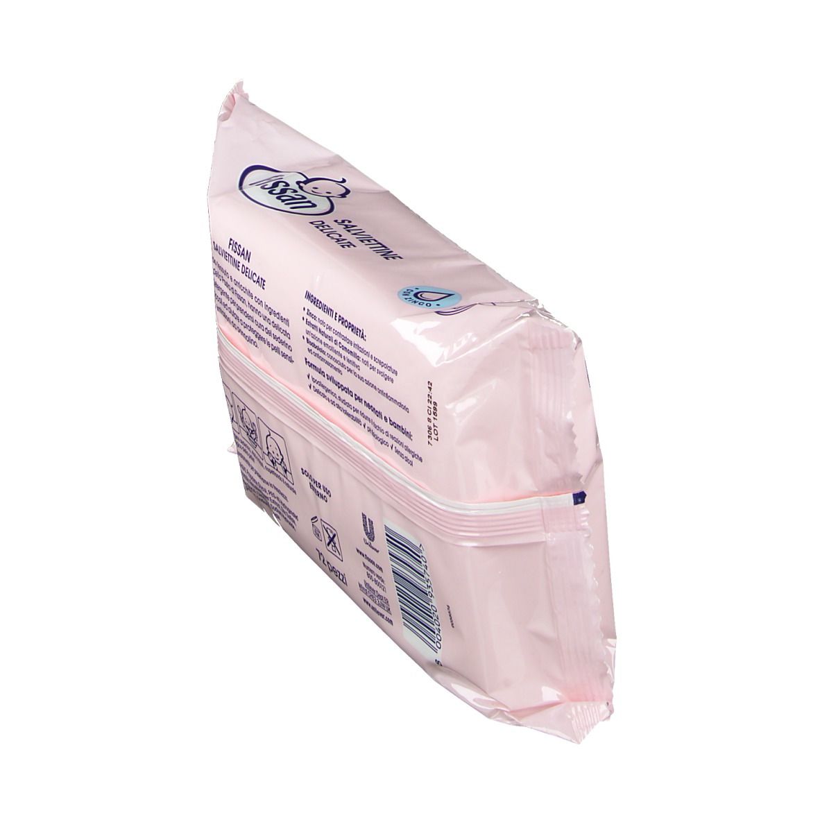 Vista obliqua della confezione rosa Fissan. Testo in italiano. Contiene 72 salviette. Logo Unilever.
