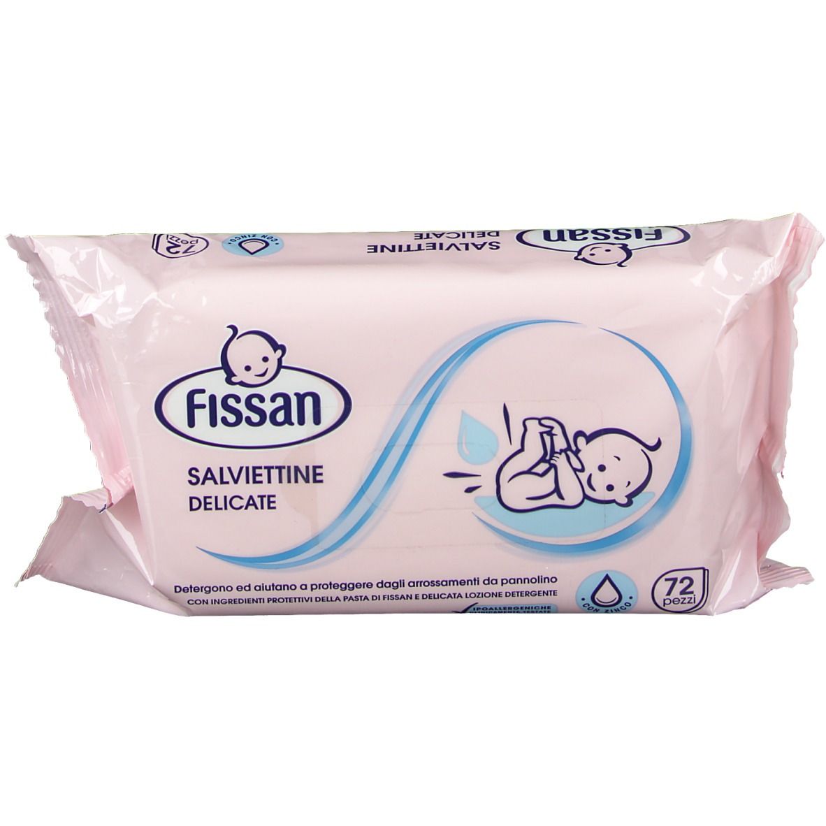 Confezione rosa Fissan con logo e scritta 'Salviettine Delicate'. Contiene 72 salviette. Illustrazione di un bambino.