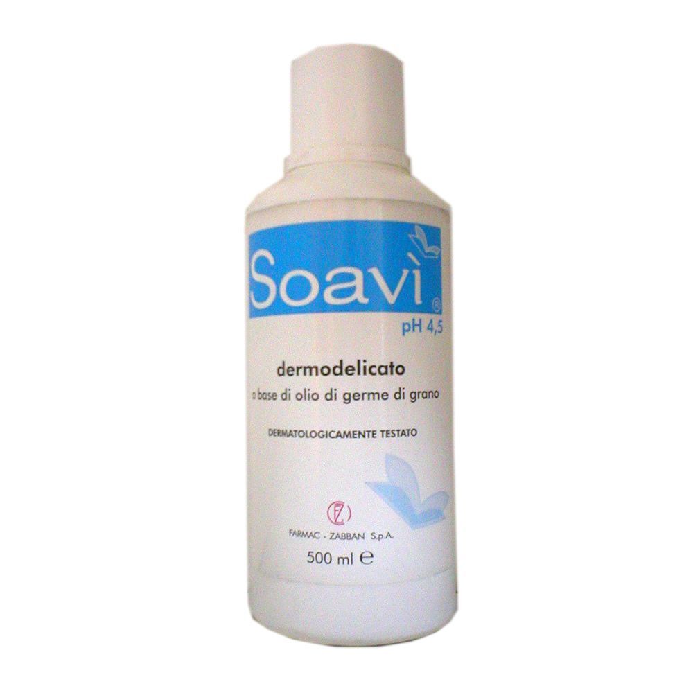 Flacone bianco con etichetta blu. Scritta: Soavi, pH 4,5, dermodelicato. 500 ml. Dermatologicamente testato.