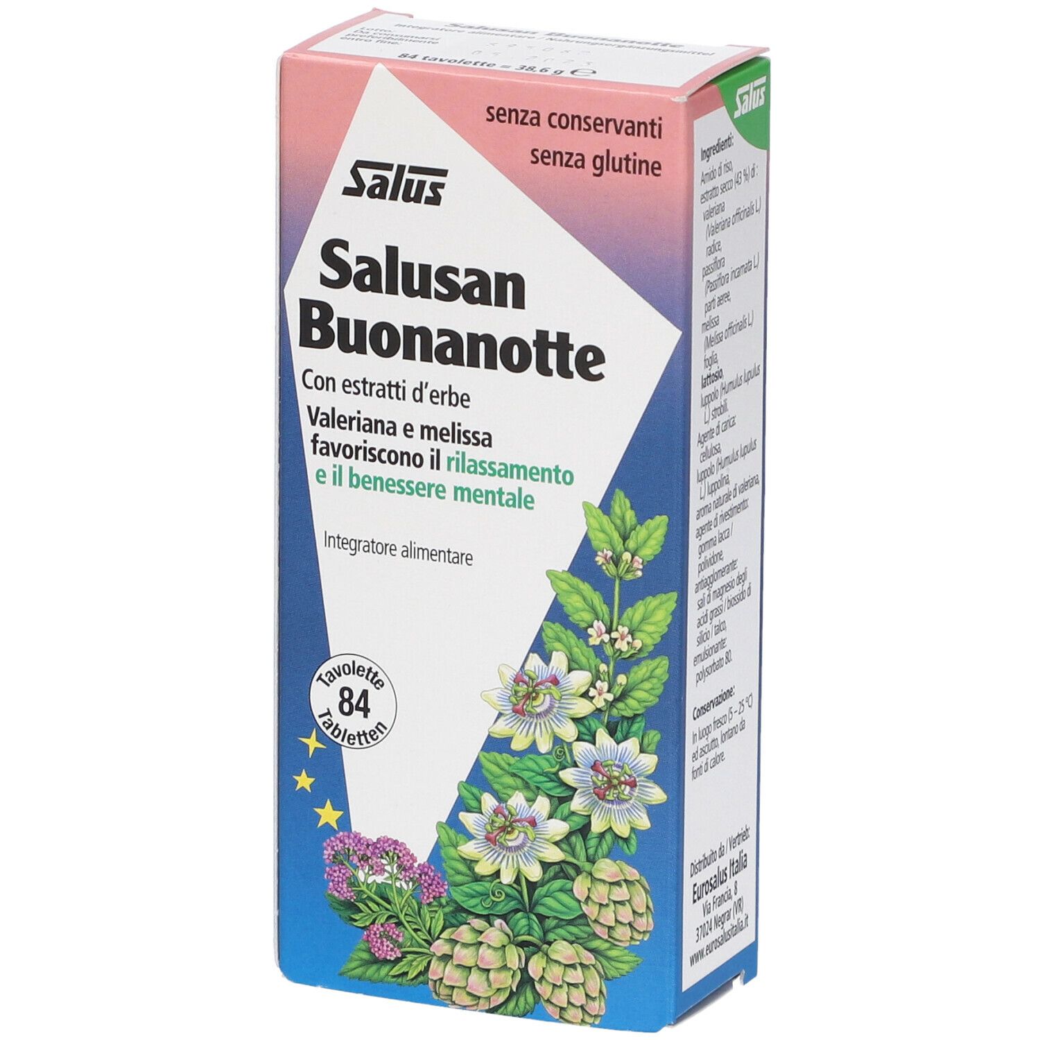 Scatola di Saluz Salusan Buonanotte. Con estratti di erbe, valeriana e melissa. 84 compresse. Senza conservanti, senza glutine.