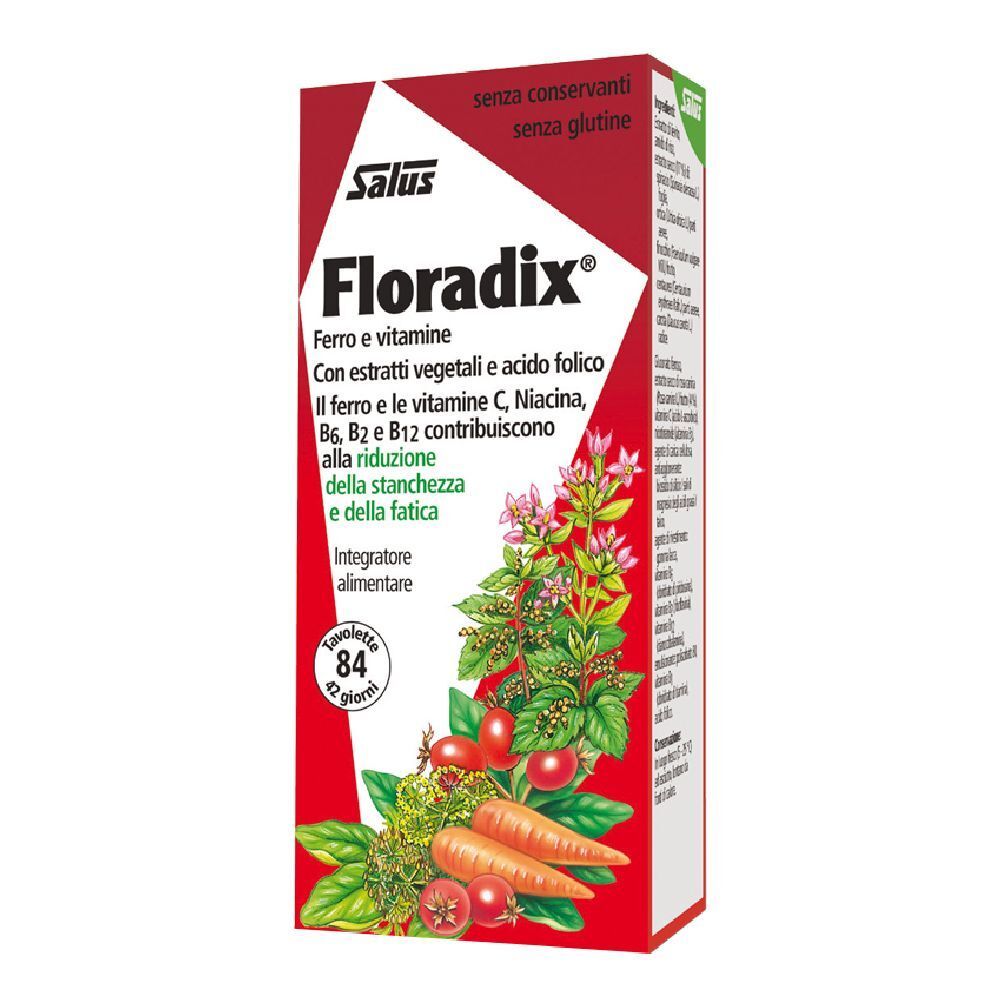 Confezione di Salus Floradix® Tavolette. Scatola rossa e bianca con nome del prodotto e illustrazioni di verdure ed erbe.
