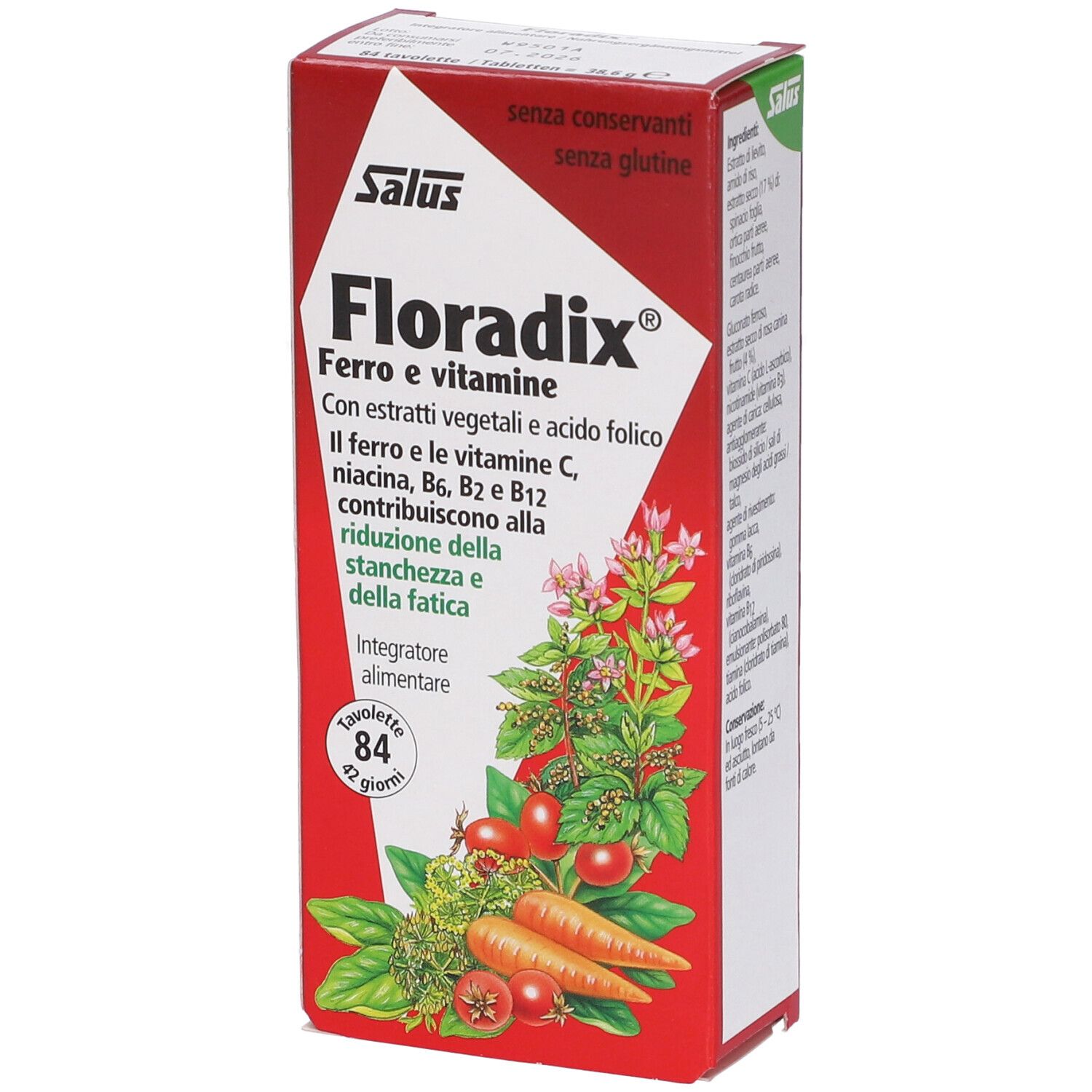 Confezione di Salus Floradix® Tavolette. Scatola rossa e bianca con nome del prodotto e illustrazioni di verdure ed erbe.