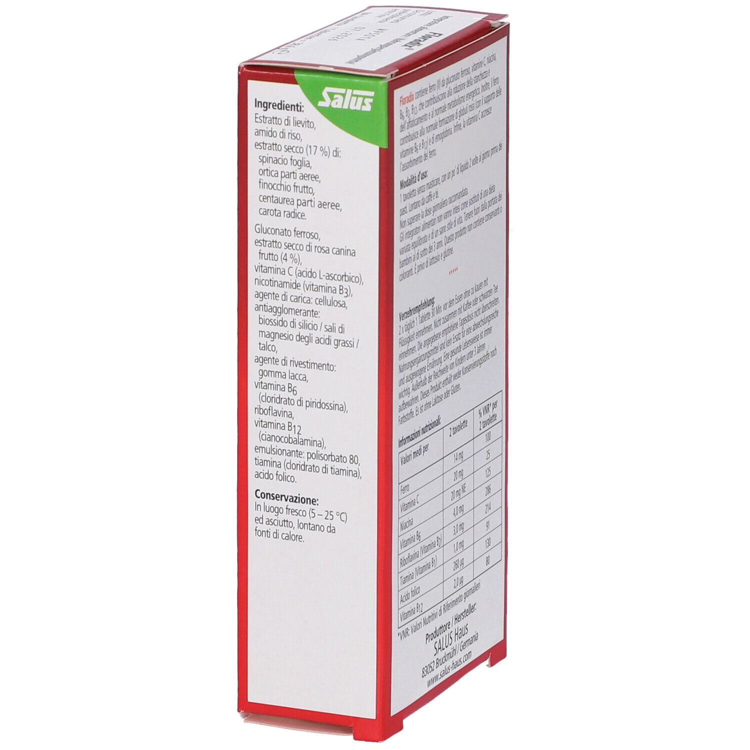 Confezione di Salus Floradix® Tavolette. Retro con informazioni sul prodotto e tabella nutrizionale.