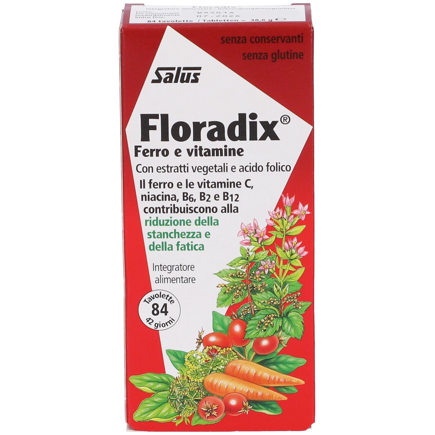 Confezione di Salus Floradix® Tavolette. Vista laterale con elenco degli ingredienti e consigli di conservazione.