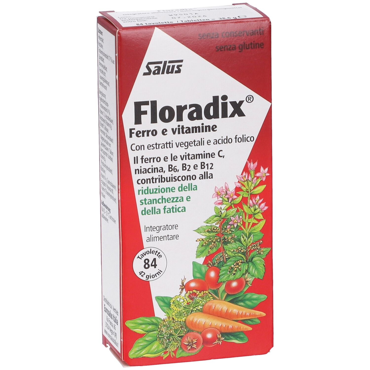 Confezione di Salus Floradix® Tavolette. Scatola rossa e bianca con nome del prodotto e illustrazioni di verdure ed erbe.